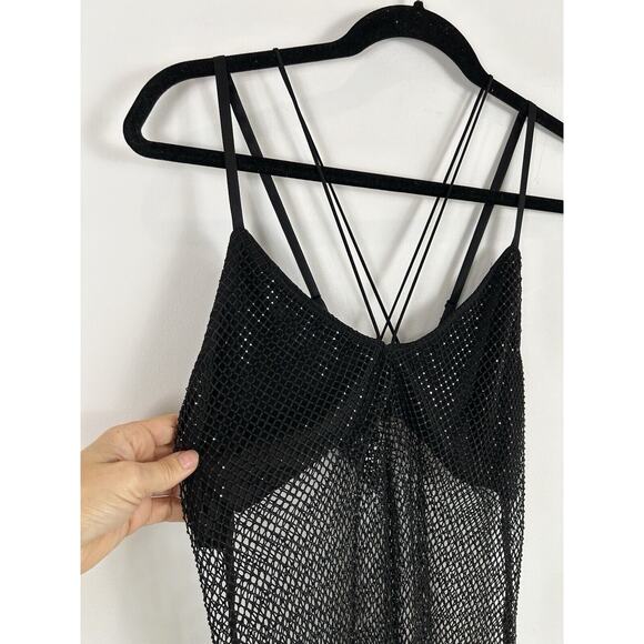 Dressy Mesh Midi Dress Goth Emo Size M/L Fishnet Women's Black Beaded Sequin Bra - Picture 2 of 7